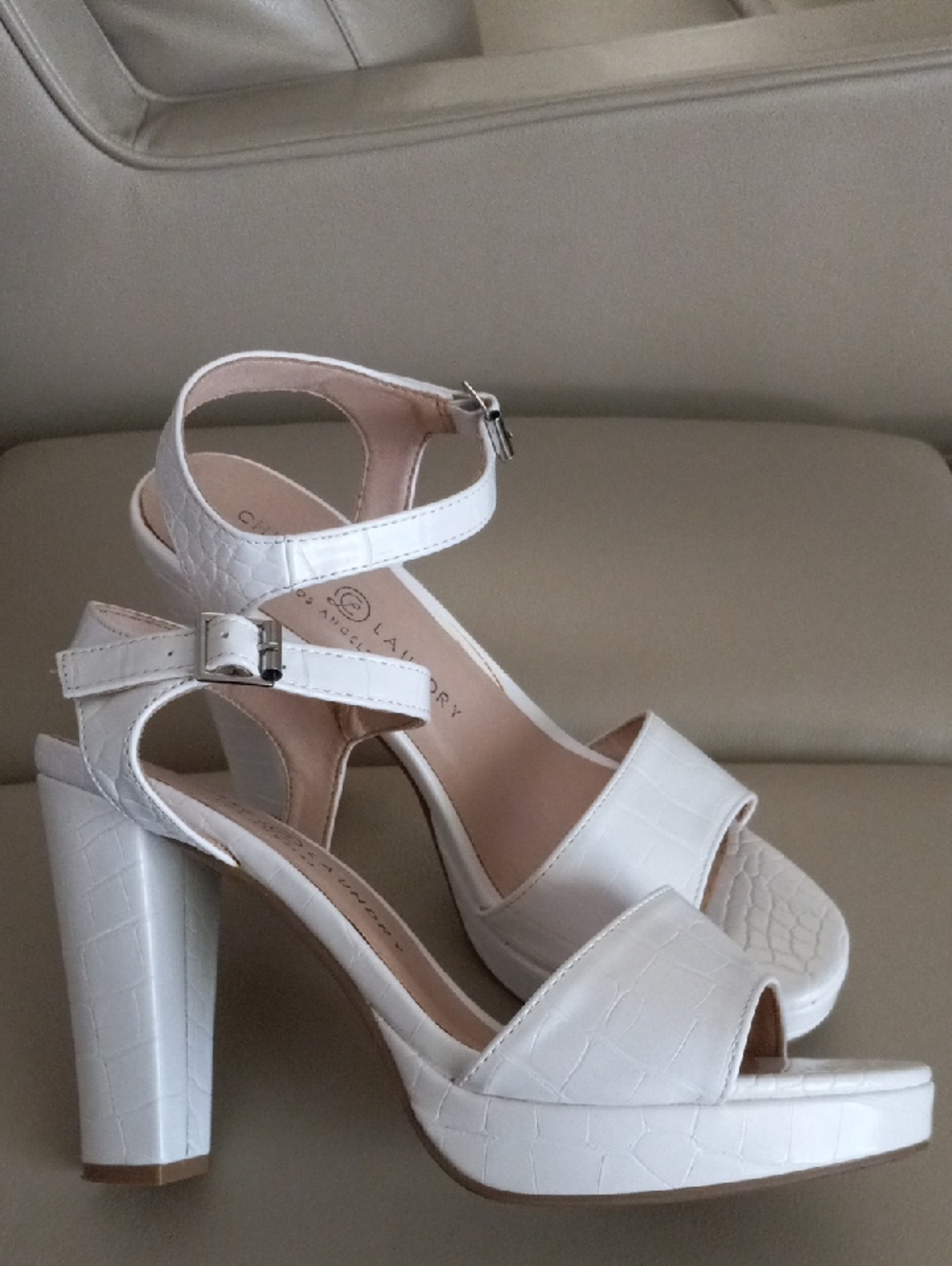 Chinese Laundry White Faux-Croc Ankle-Strap Block Heels Size 9